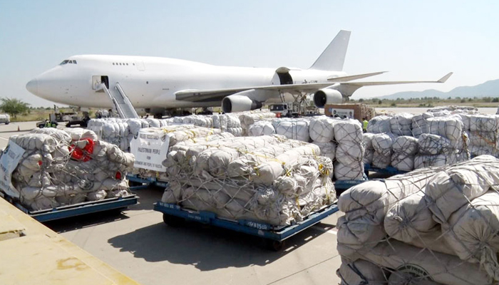 A picture of the relief assistance that Pakistan is sending to Gaza via Egypt can be seen, on October 19, 2023. — Radio Pakistan