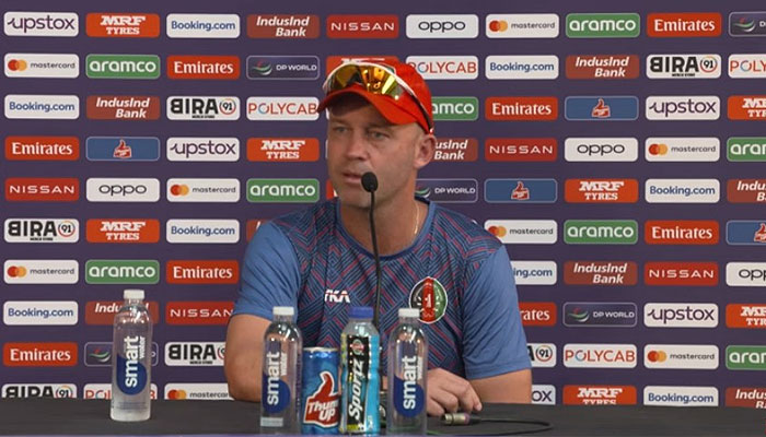 Afghanistans head coach Jonathan Trott speaks during a press conference with reporters in Chennai, India on October 22, 2023. — Screengrab/YouTube/@BeanymanNews
