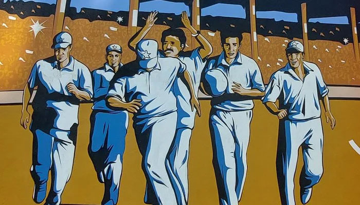 The mural depicts Pakistani players taking a victory lap after defeating India in the 1999 Test at Chennais Chidambaram Stadium. — Author