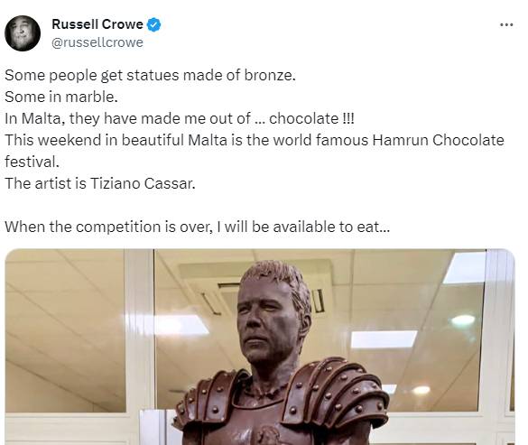 Russell Crowe speaks up about life-sized chocolate sculpture of his Gladiator character