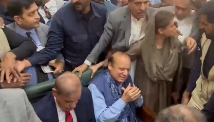 PML-N supremo Nawaz Sharif inside the courtroom during the hearing at the accountability court on October 24, 2023, in this still taken from a video. — X