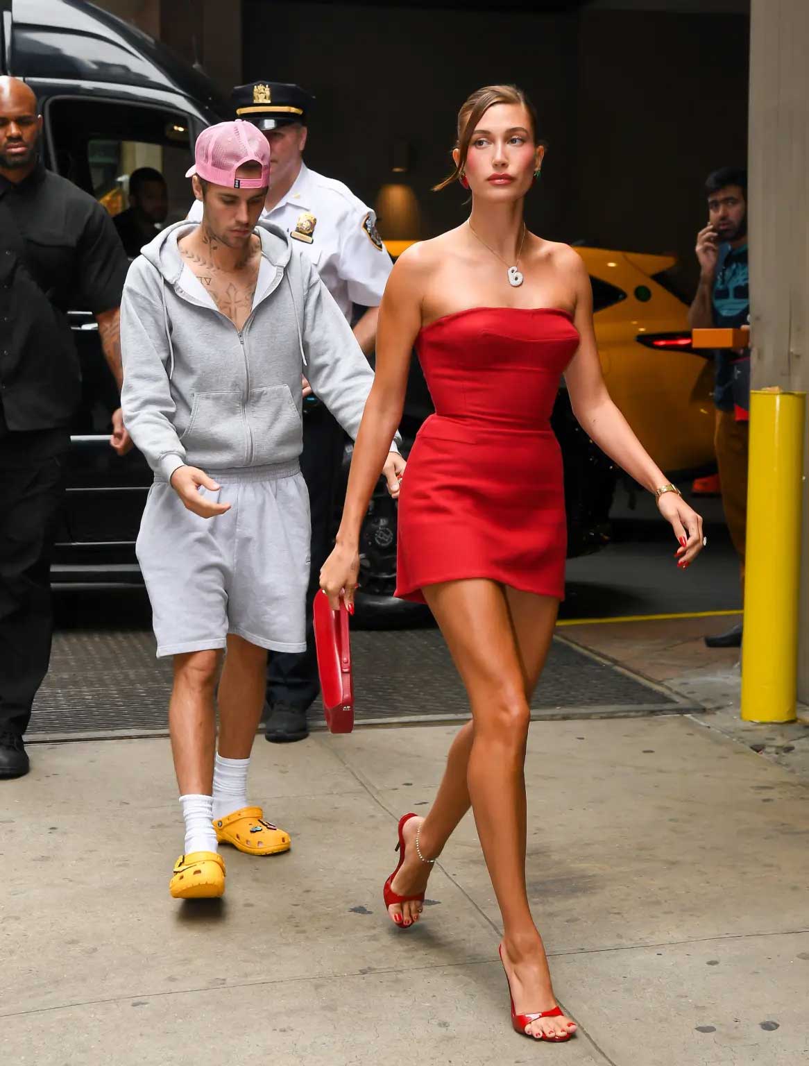 Hailey Bieber rocks a cut out mini dress and sheer stockings