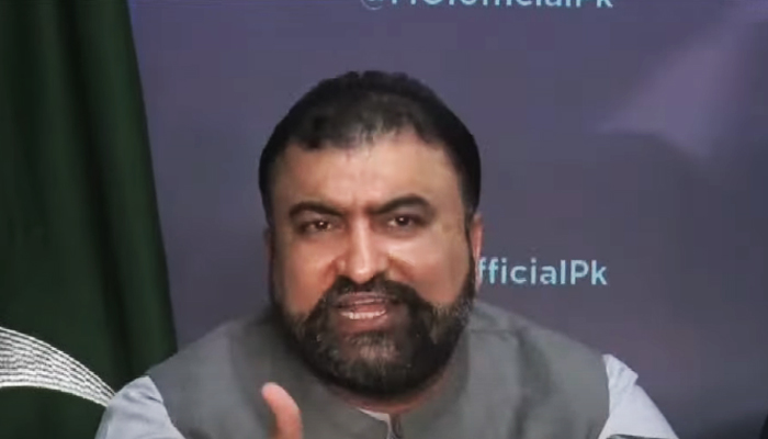 Caretaker Interior Minister Sarfraz Bugti addressing a press conference in Islamabad, in this undated image. — YouTube/GeoNews