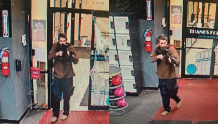 This combination of stills taken from a security camera and released on October 25, 2023, shows an armed man with an AR rifle. — Facebook/Androscoggin County Sheriffs Office