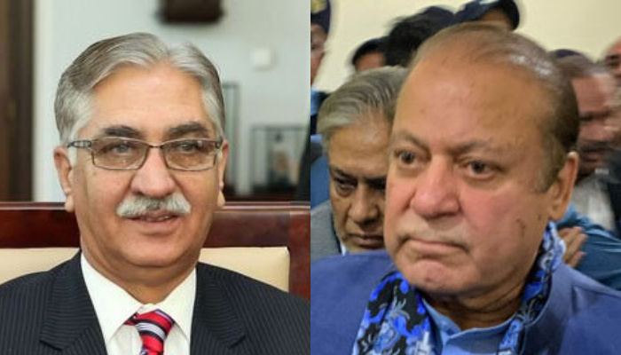 Pakistan Peoples Party Secretary General Nayyer Bukhari (left) and PML-N supremo Nawaz Sharif. — X/AFP/File
