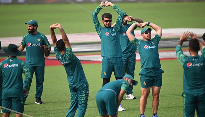 Pakistans Shaheen Shah Afridi (centre) attends a practice session at the Eden Gardens in Kolkata on October 30, 2023, on the eve of their 2023 ICC Mens Cricket World Cup one-day international (ODI) match against Bangladesh. — AFP