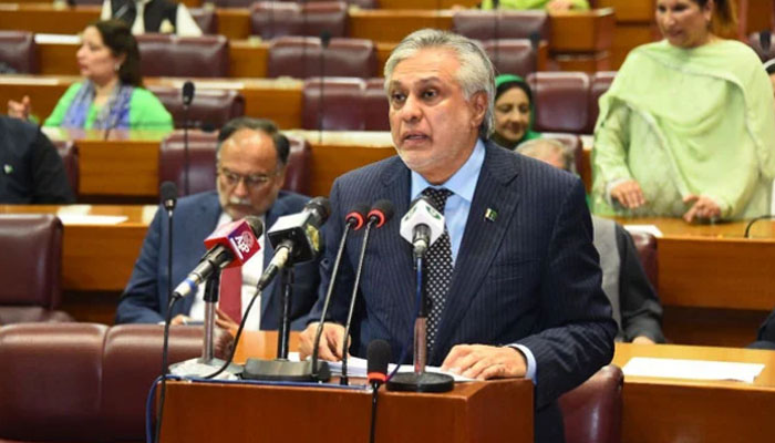 Former finance minister Ishaq Dar presents budget for fiscal year 2023-24 in the National Assembly on June 9, 2023. — X/@NaofPakistan