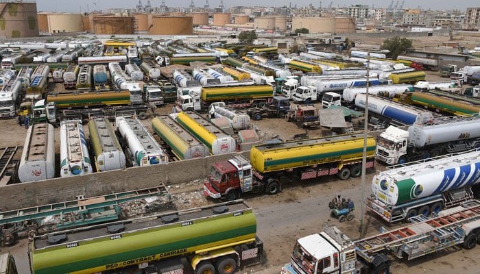 A large number of the Oil Tankers are parked at the Shireen Jinnah Colony in Karachi on September 19, 2023. — Online