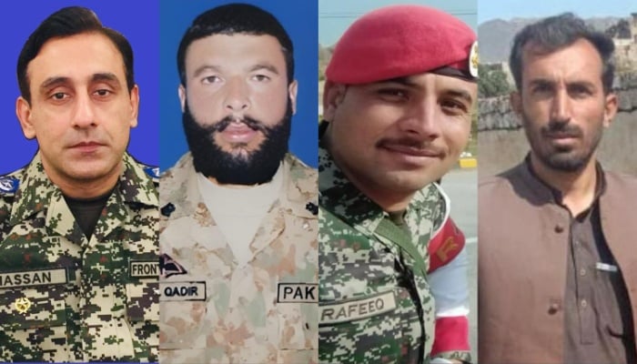 Lieutenant Colonel Muhammad Hassan Haider (from left), Lance Naik Abdul Qadir, Naik Rafique Khan and Naik Khushdil Khan. — ISPR