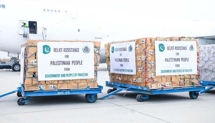 Relief assistance for the Gaza strip being loaded in a plane at the Islamabad airport. — X/@ForeignOfficePk