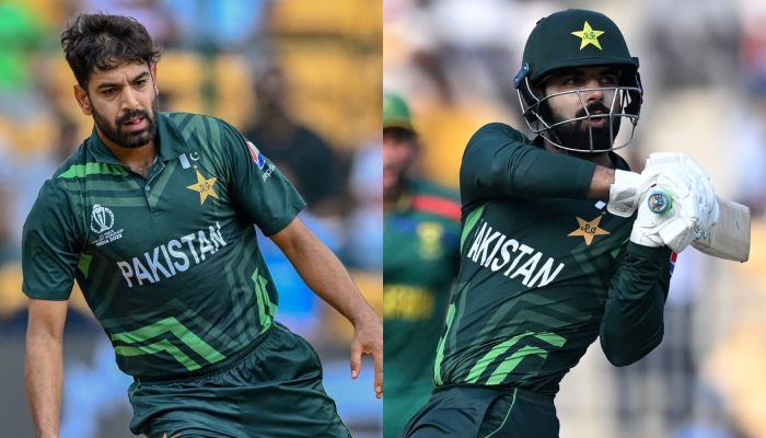 Pakistans Haris Rauf and Shadab Khan seen in action during separate World Cup 2023 matches in India in this picture collage. — AFP/File