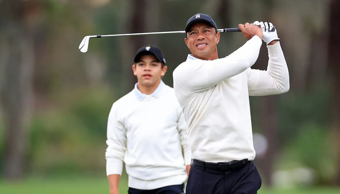 Tiger Woods with son Charlie at the Notah Begay III Junior Golf Championship in Louisiana. — X/@davidcannon