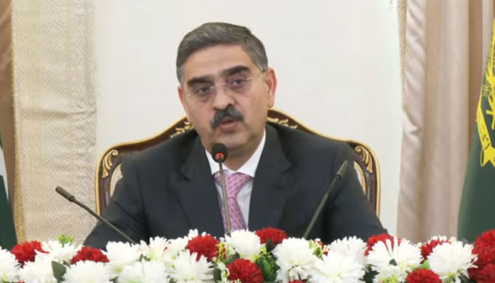 Caretaker Prime Minister Anwaar-Ul-Haq Kakar speaks during a presser at the PM House in Islamabad on November 8, 2023, in this still taken from a video. — YouTube/Geo News Live