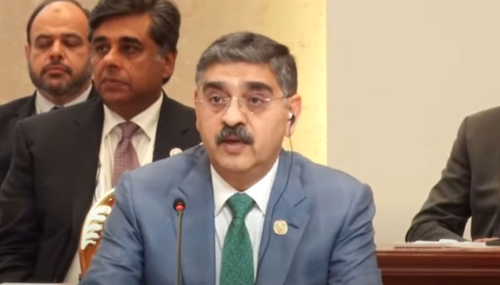 Caretaker Prime Minister Anwaar-ul-Haq Kakar speaks during the 16th Economic Cooperation Organisation Summit on November 9, 2023, in this still taken from a video. — X/@PakPMO