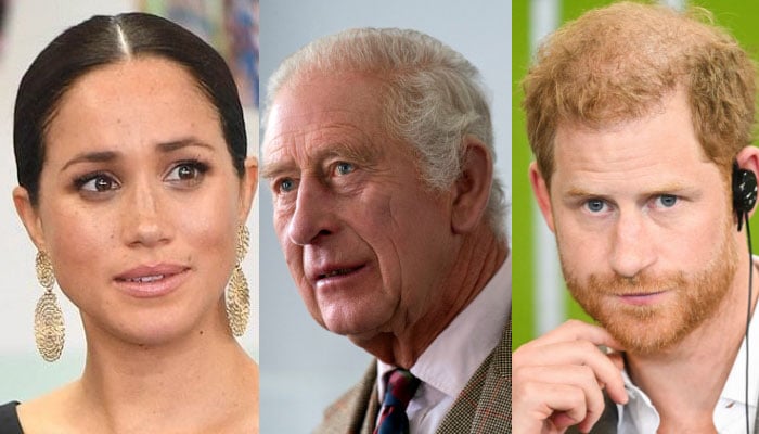 Meghan Markle (L), King Charles (C) and Prince Harry (R)