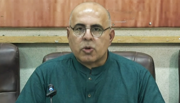 Balochistans Caretaker Minister for Information Jan Achakzai addressing press conference in Karachi on November 9, 2023, in this still taken from a video. — YouTube