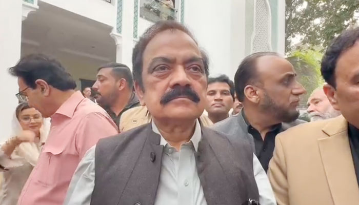 Pakistan Muslim League-Nawaz (PML-N) senior leader Rana Sanaullah interacts with journalists in this still taken from a video in Lahore on November 9, 2023.  — X/@pmln_org