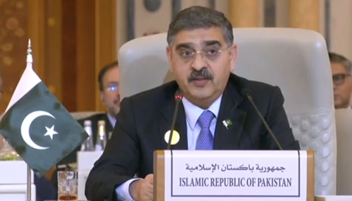 Caretaker Prime Minister Anwaar-ul-Haq Kakar addresses the Joint Arab-Islamic Extraordinary Summit in Riyadh, on November 11, 2023. — X/@OIC_OCI