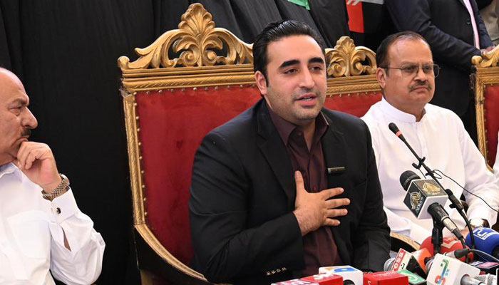 Pakistan Peoples Party (PPP) Chairman Bilawal Bhutto-Zardari addresses a presser in Mithi, Sindh, on November 14, 2023. — X/@MediaCellPPP