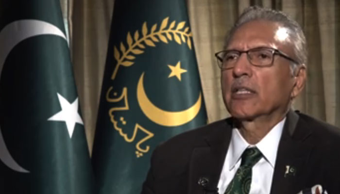 In this still taken from a video, President Dr Arif Alvi speaks during an interview with Voice of America streaming on its website on November 16, 2023. — VOA