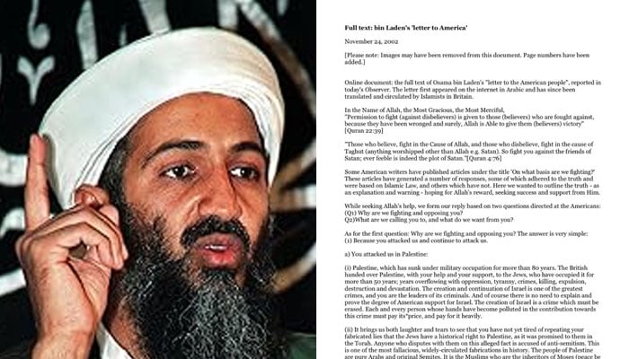 A mugshot of Osama Bin Laden of Al-Qaeda and screenshot of his letter to America. — AFP/File