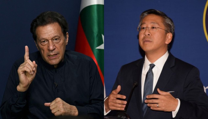 PTI Chairman Imran Khan and Assistant Secretary of State for South and Central Asia Affairs Donald Lu. — AFP//Files