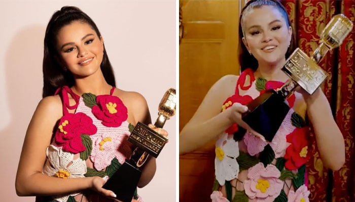 Selena Gomez dressed in a colourful, crocheted Oscar de la Renta floral dress