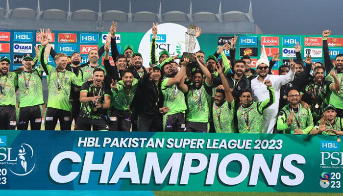 PSL 8 winners Lahore Qalandars celebrating after winning the 2023 edition of Pakistans flagship T20 league on March 24, 2023. — X/@thePSLt20