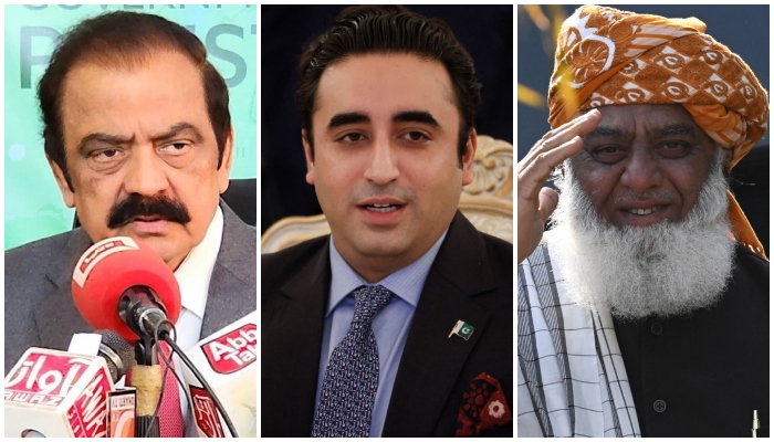 PML-N leader Rana Sanaullah (from left), PPP Chairman Bilawal Bhutto-Zardari and JUI-F chief Maulana Fazlur Rehman. — INP/AFP/File