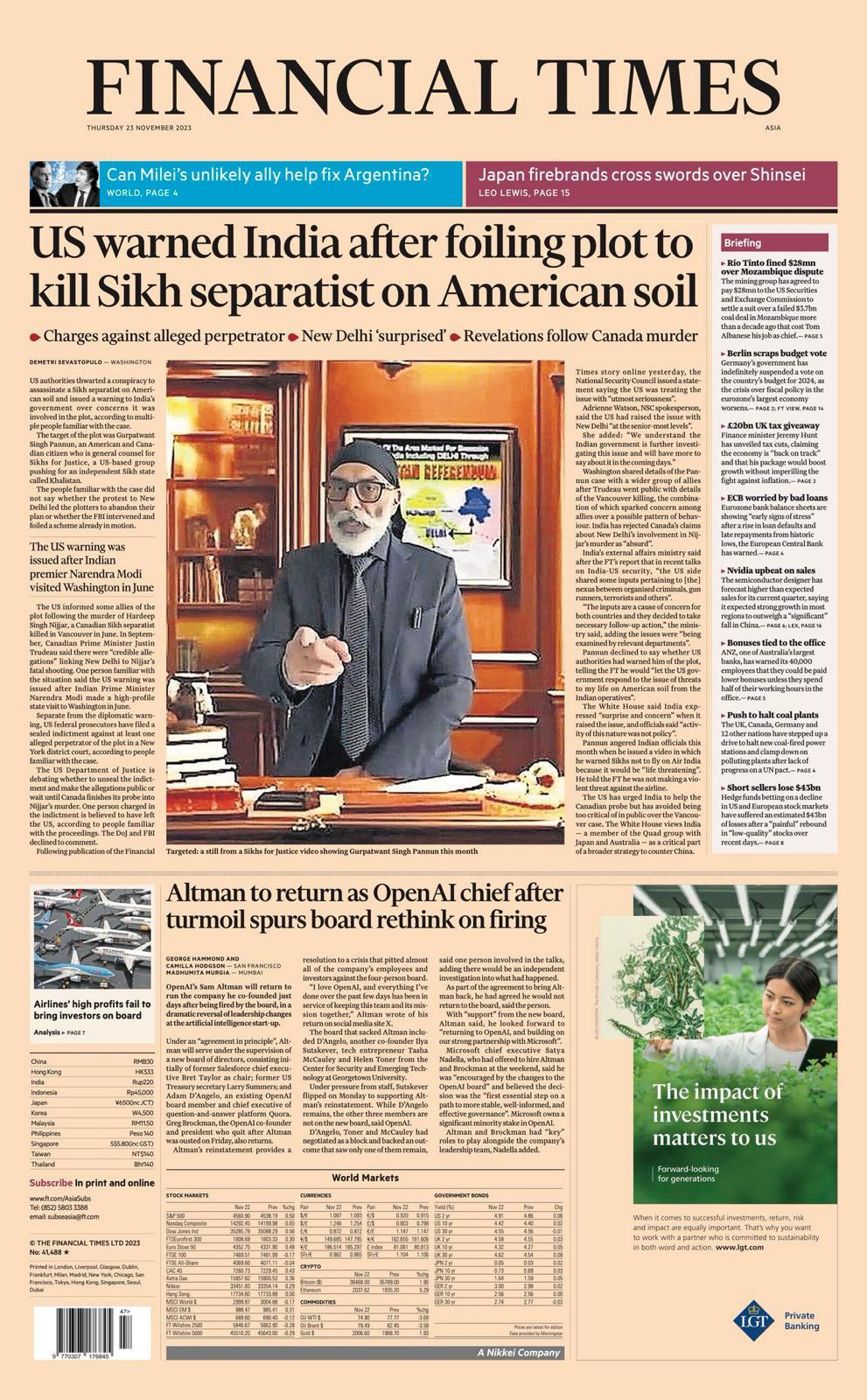 Copy of the Financial Times front page bearing Gurpatwant Singh Pannun report. — Provided by author