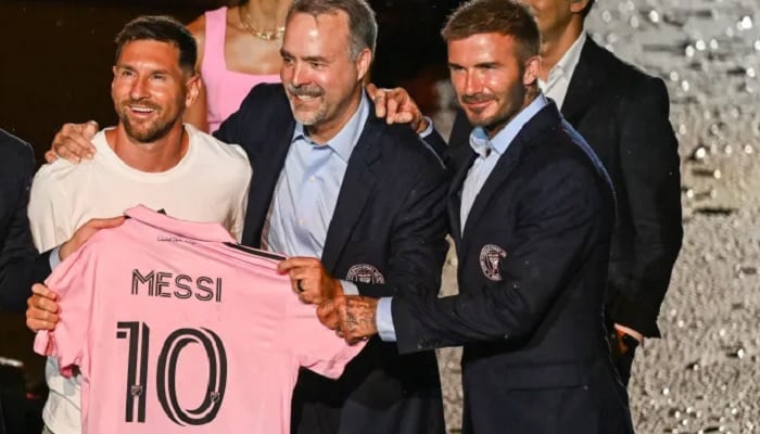 Argentine soccer star Lionel Messi is presented by owners of Inter Miami CF David Beckham, Jose R. Mas and Jorge Mas as the newest player for Major League Soccers Inter Miami CF, at DRV PNK Stadium in Fort Lauderdale, Florida, on July 16, 2023. —AFP