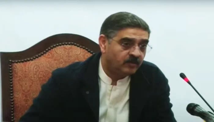 Caretaker Prime Minister Anwaar-ul-Haq Kakar addressing an interactive session titled Breakfast with the Prime Minister in Islamabad in this still taken from a video. — YouTube/Geo News