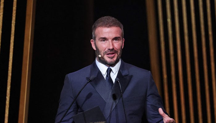Former English football player and Inter Miami´s co-owner David Beckham speaks on stage during the 2023 Ballon d´Or France Football award ceremony at the Theatre du Chatelet in Paris on October 30, 2023. — AFP