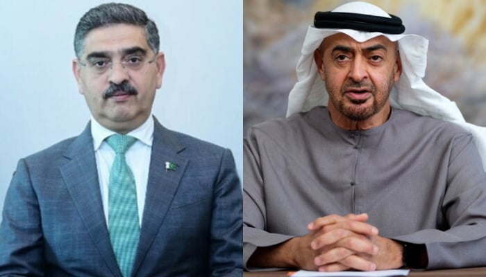 Caretaker Prime Minister Anwaar-ul-Haq Kakar (left) and  UAE President Sheikh Mohamed bin Zayed Al Nahyan. — APP/AFP/File