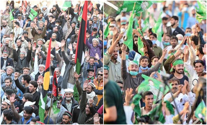 Workers of PPP (left) and PML-Q attend their parties’ rallies. — X/@pmln_org/@MediaCellPPP/File