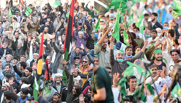 Workers of PPP (left) and PML-Q attend their parties’ rallies. — X/@pmln_org/@MediaCellPPP/File