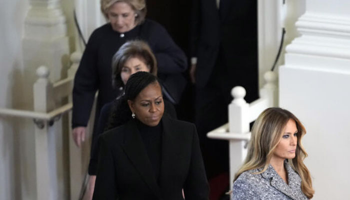 Former first ladies from right, Melania Trump, Michelle Obama, Laura Bush and Hillary Clinton, arrive for a tribute service for former first lady Rosalynn Carter, at Glenn Memorial Church on November 28, 2023, in Atlanta. — X/@andrewharnik