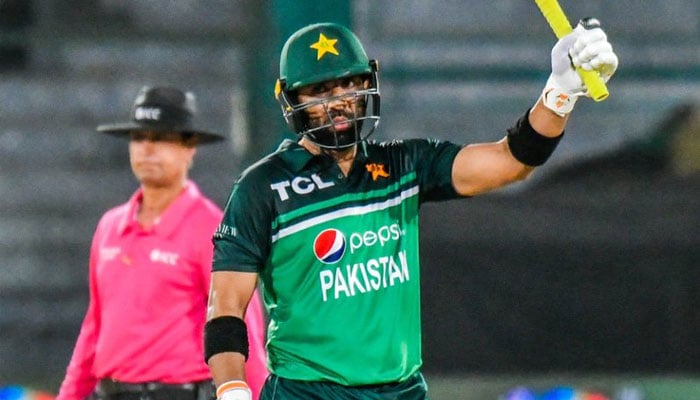All-rounder Iftikhar Ahmed waves his bat after scoring 50 in 5th ODI against New Zealand on May 7, 2023. — Twitter/@TheRealPCB