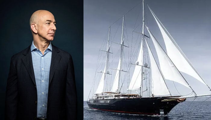 Jeff Bezos gestures during a photoshoot. Yacht Koru in American seas. — X/@grosbygroup