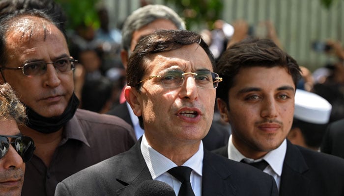 Newly-elected PTI Chairman Gohar Khan talks to the media as he arrives to attend a hearing at the High Court in Islamabad on August 29, 2023. — AFP