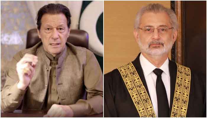 This combo shows former prime minister Imran Khan (L) and Chief Justice Qazi Faez Isa (R). —PTI/SC website