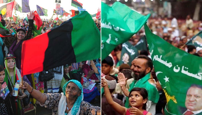 Activists of PPP (left) and PML-N attend their parties’ public rallies in this undated collage. AFP