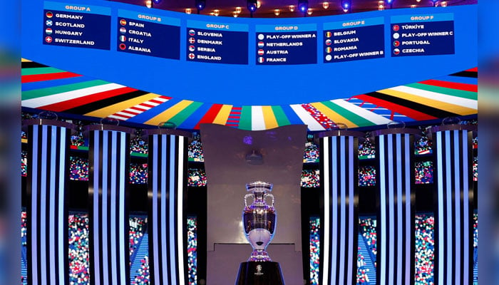 A general view shows the trophy in front of the drawn groups after the final draw for the UEFA Euro 2024 European Championship football competition in Hamburg, northern Germany on December 2, 2023. — AFP