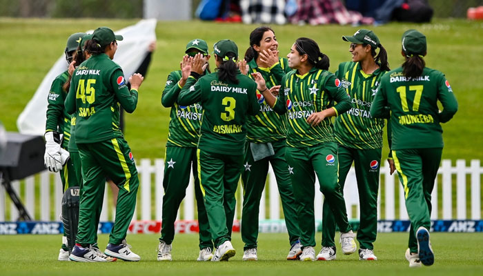 Pakistan Women celebrate as they dismiss a New Zealand batter in the first T20I at the University of Otago Oval in Dunedin, New Zealand on December 3, 2023. — X/@TheRealPCB