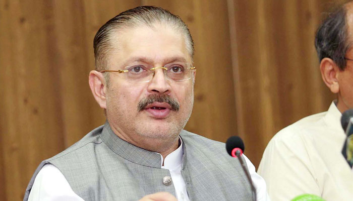 Peoples Party (PPP) Senior Leader, Sharjeel Inam Memon addresses media persons during a press conference, held at PPP Media Cell Bilawal House in Karachi on Monday, November 6, 2023. — PPI