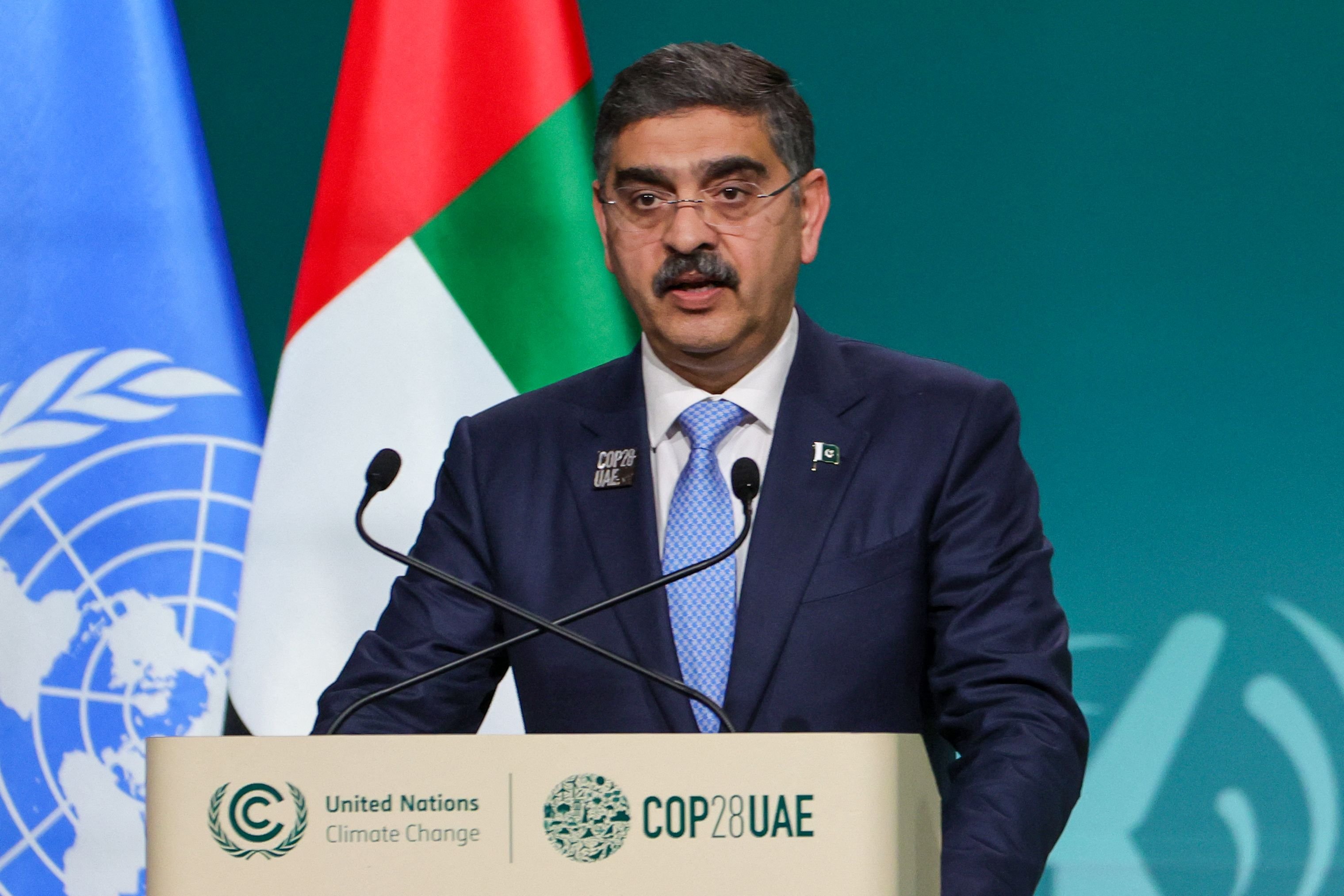 Prime Minister Anwar-ul-Haq Kakar speaks during the High-Level Segment for Heads of State and Government session at the United Nations climate summit in Dubai on December 2, 2023. — AFP