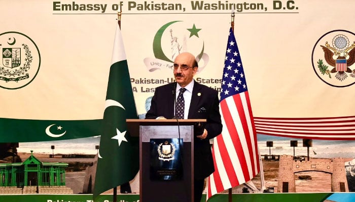 Pakistan’s ambassador to the United States Masood Khan addresses an event. —X/@Masood__Khan/File