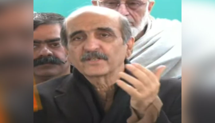 PTI founding leader Akbar S Babar speaks with journalists outside the ECP office in Islamabad on December 5, 2023, in this still taken from a video. — YouTube/Geo News Live