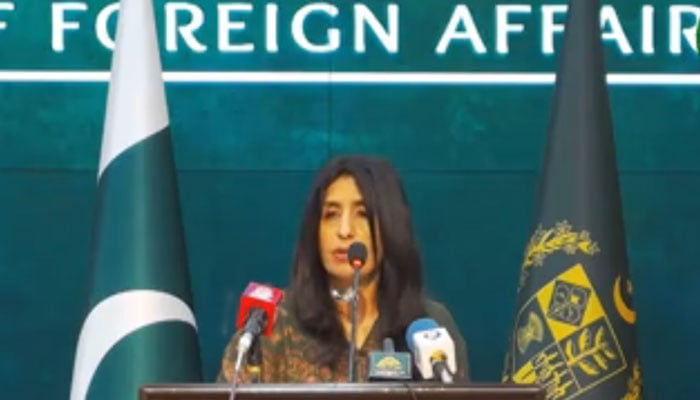 FO spokesperson Mumtaz Zahra Baloch addressing a presser in this still taken from a video. — X/@ForeignOfficePk