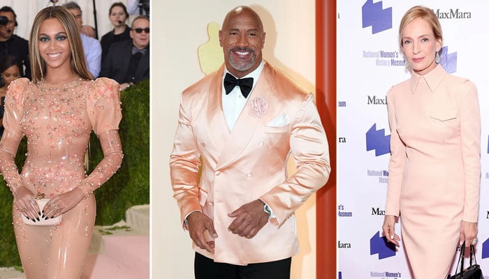 Beyoncé at the Met Gala in 2016, Dwayne The Rock Johnson at this years Oscars ceremony and Uma Thurman at the Women Making History Awards Gala 2023. — X/@karwaitang